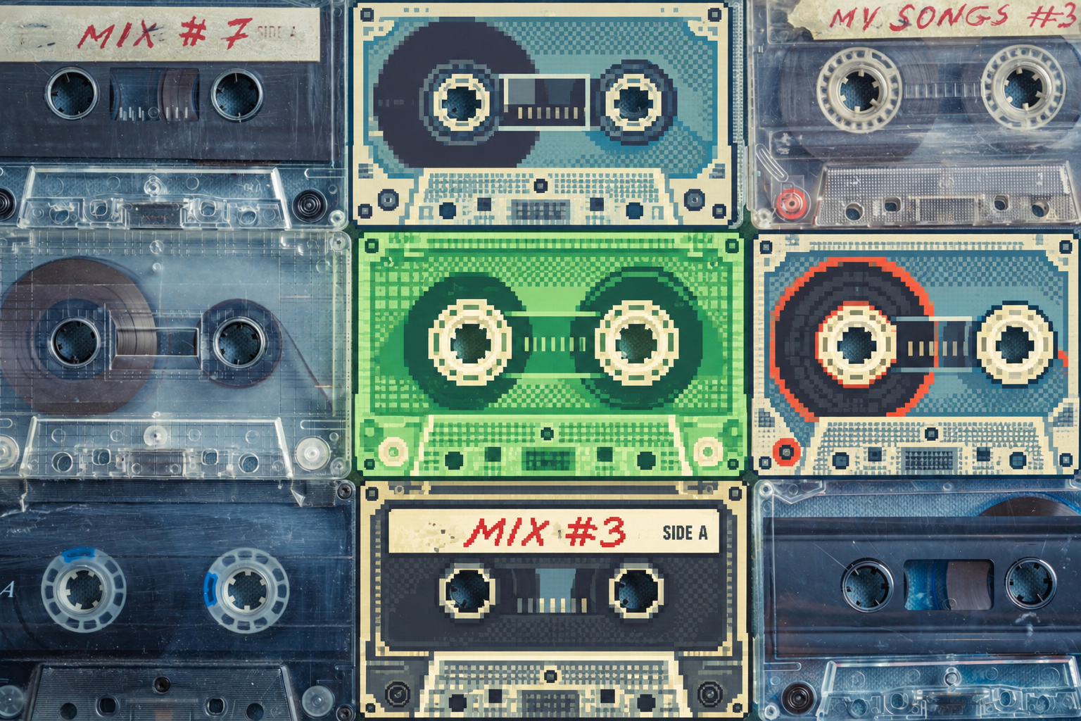 A colorful collage of cassette tapes, including labeled mixtapes and pixel-art designs