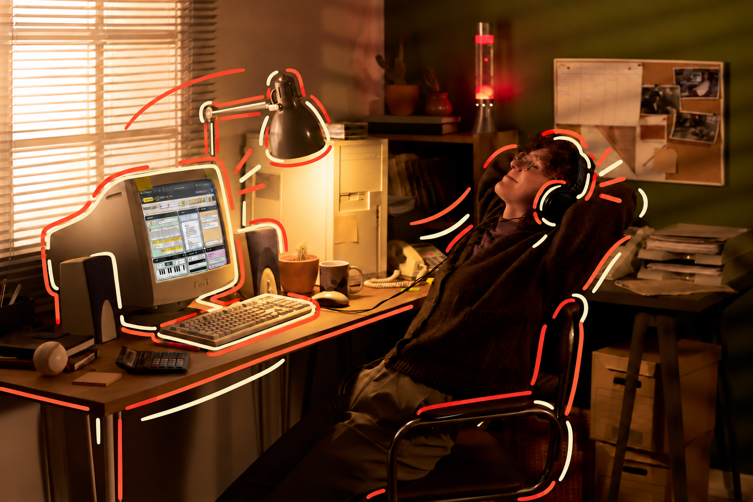 A songwriter relaxing in a warmly lit home studio with Make More Songs open on a vintage computer