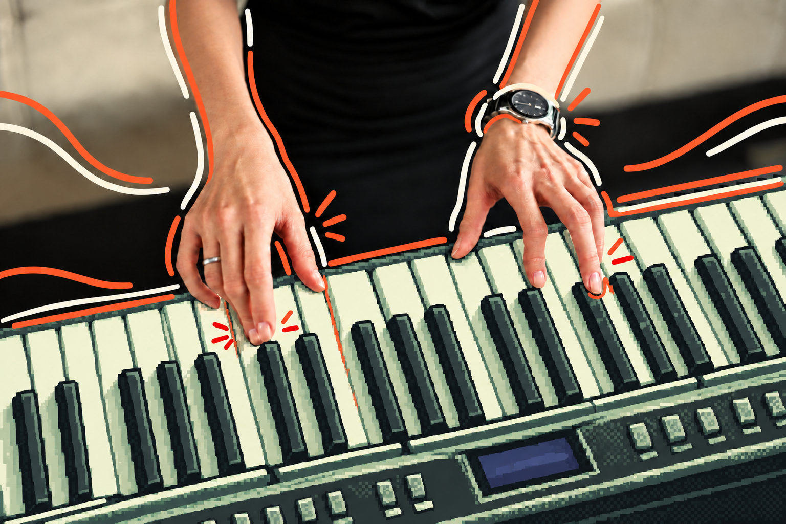 Hands playing a keyboard, with illustrated motion lines